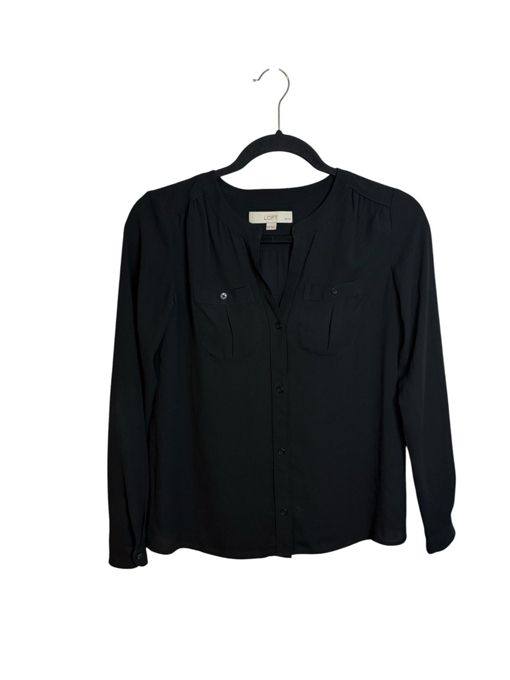 Loft Black Long Sleeve Button Front Pocket Blouse